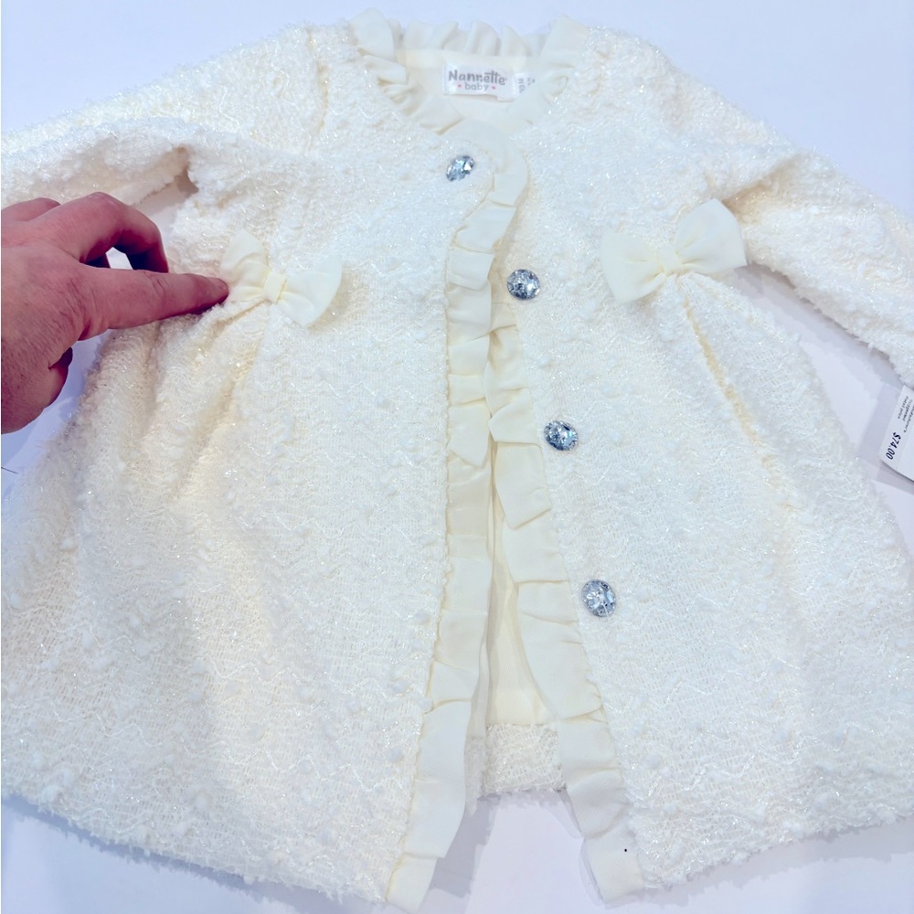 NWT Infant Ivory Dress with bows and faux diamond buttons - 0-3 months
